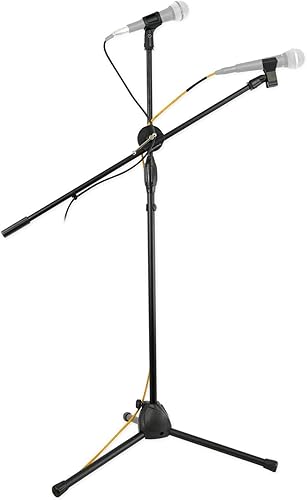 Rockville GIGSTAND Soporte de micrófono doble con (2) clips de micrófono, brazo desmontable de 26.37 pulgadas, altura ajustable de 31 a 55 pulgadas,