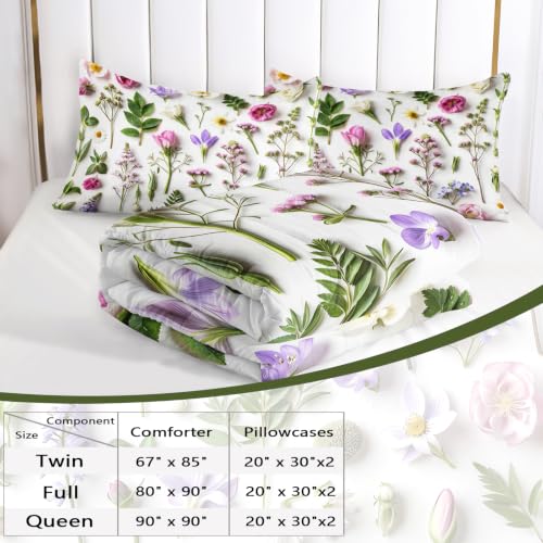 Image of AILONEN Botanical Meadow Comforter Set Twin Size, Wildflower Bedding Ensemble, Green Leaf Bedspread Quilt with 2 Pillowcases for Dorm Bedroom