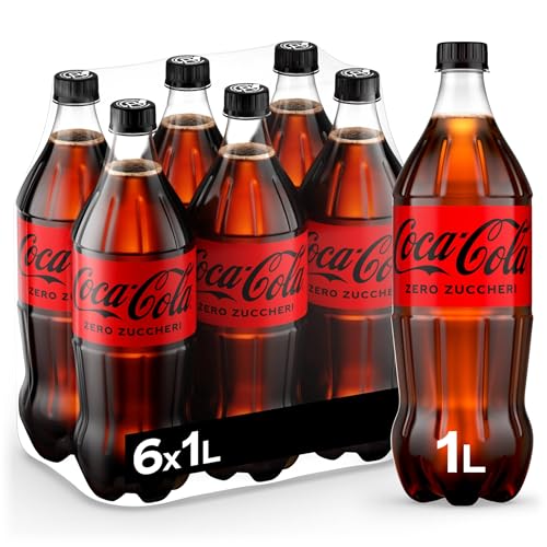 Coca-Cola Zero Zuccheri – 6 Bottiglie da 1 L, Tutto il Gusto della Formula Coca-Cola Senza Calorie, in bottiglia PET 100% Riciclabile, Bevanda Analcolica con Edulcoranti
