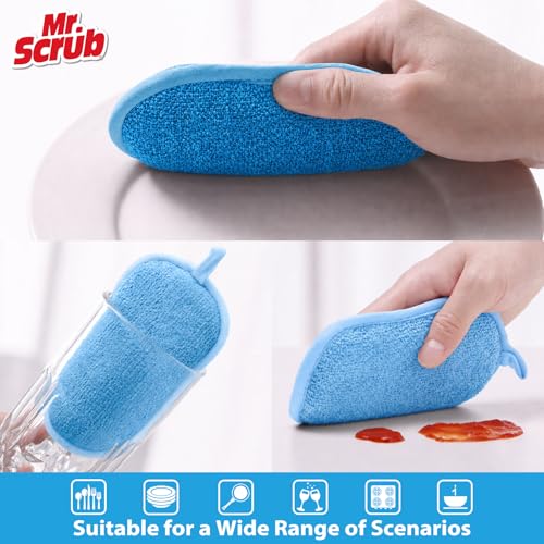 Image of Mr. Scrub Sponges Kitchen Dish Sponge for Washing Dishes Cleaning Kitchen, 8 Pack, Non Scratch, Rough Scrubbers Side for Non-Stick Cookware, Soft Microfiber Scrub Side for Dishes, Multicolor