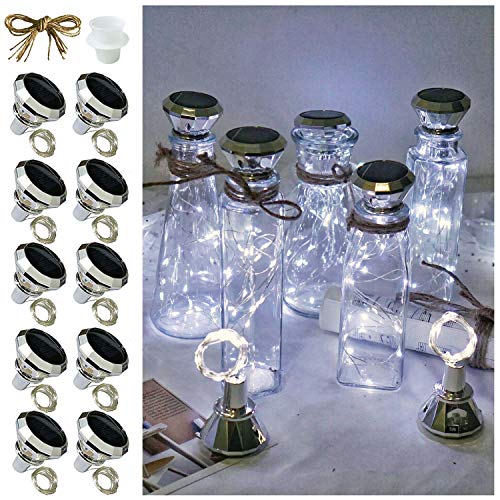 Solar Wine Bottle Lights, 10 Pack Diamond Cork Lights, 20 LED Outdoor Waterproof Fairy String Lights for Garden Wedding Patio?Cool White?