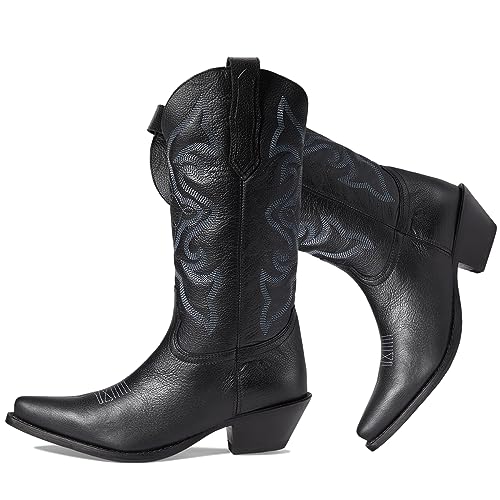 Image of LEHOOR Cowboy Boots Women Embroidered Mid Calf Western Boots Stacked Low Heel Pointed Toe Pull On Cowgirl Boot 4-11 M US