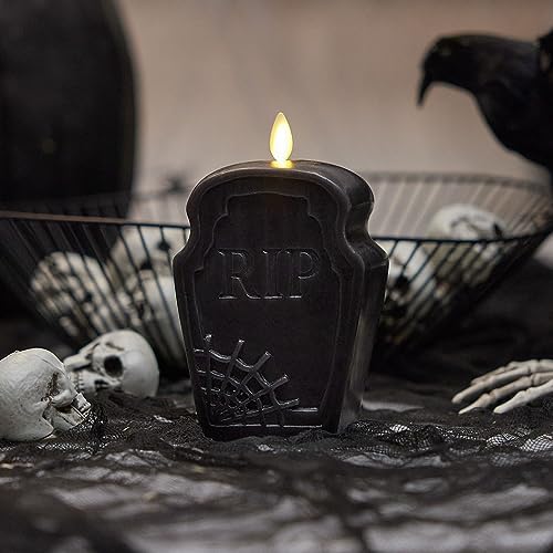 Image of Luminara Black Flameless Candle RIP Tombstone Figural (2 inch x 5.5 inch) Moving Flame Battery Operated LED Candle Lights Halloween Decoration