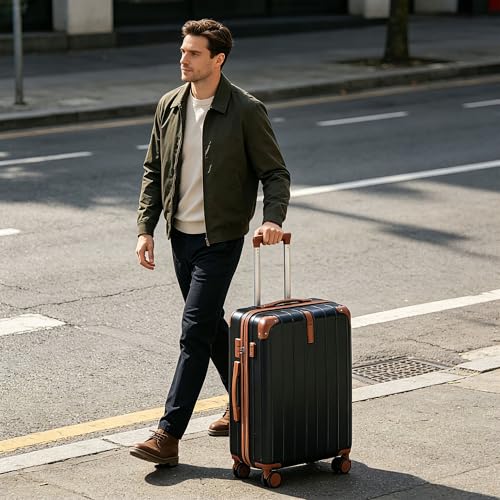 Image of Hardside Luggage Sets, Lightweight Stripes Suitcase with Spinner Wheels, Black