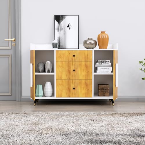 Image of Bniture Wooden Sideboard Cabinet for Living Room | Wooden Storage Cabinet with 2 Door & 3 Drawer | Engineered Wood Multipurpose Cabinet with Spacious Shelves for Home | Frosty White & Giant Wood