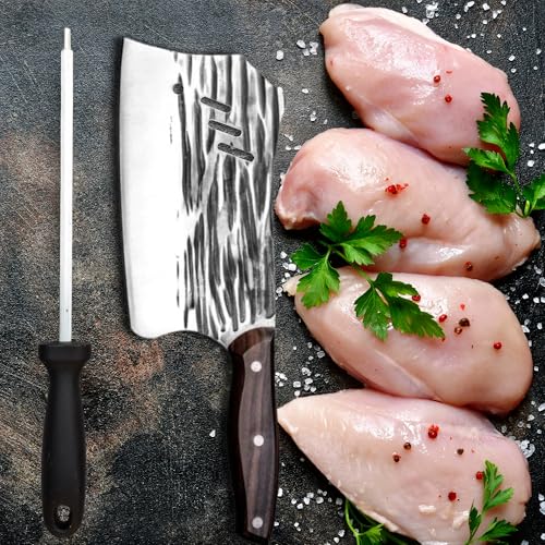 Image of Machado Forging Serbian Chef Knife Set - 12 inch Full Tang High Carbon Clad Steel Butcher Cleaver with Knife Sharpener - Perfect for Vegetables, Fish, Meat - Ideal for Kitchen, Hotel, Restaurant