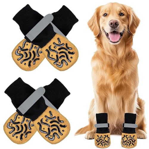 Guyode 4 Pièces Chaussette Chien Antidérapantes Double Face, Chausson Chien Intérieur Protection Patte Chien avec Fermeture Velcro Réglable, Textiles et Accessoires pour Chiens Protection Plaie (L)