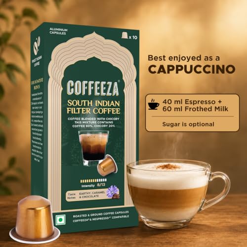 Image of Coffeeza South Indian Filter Coffee Capsules | 80% Coffee 20% Chicory Blend | Intensity 8 | Medium-Dark Roast | Caramel, Chocolate & Earthy Notes | Original Line Compatible Pods (Box of 50 Capsules)