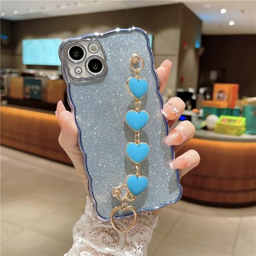 Coque iPhone XS Bleu Ciel avec Chaîne Bracelet Coeur et Paillettes Luxe