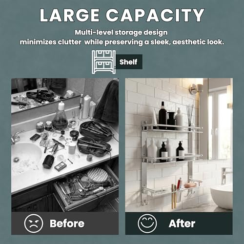 Image of GLOXY Premium 3 Layer Bathroom Shelves Rack - Wall Mount Chrome Finish Stainless Steel Bathroom Shelf with Soap Dish, Toothbrush Holder & Multipurpose Hooks - 4in1 Bathroom Fittings Accessories Set