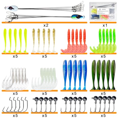 Set de 63 Piezas Alabama Rigs Kit con 5 Brazos, Anzuelos Jig Head y Señuelos Suaves para Bass, Crappie, Striper, Trucha y Salmón miniatura 2
