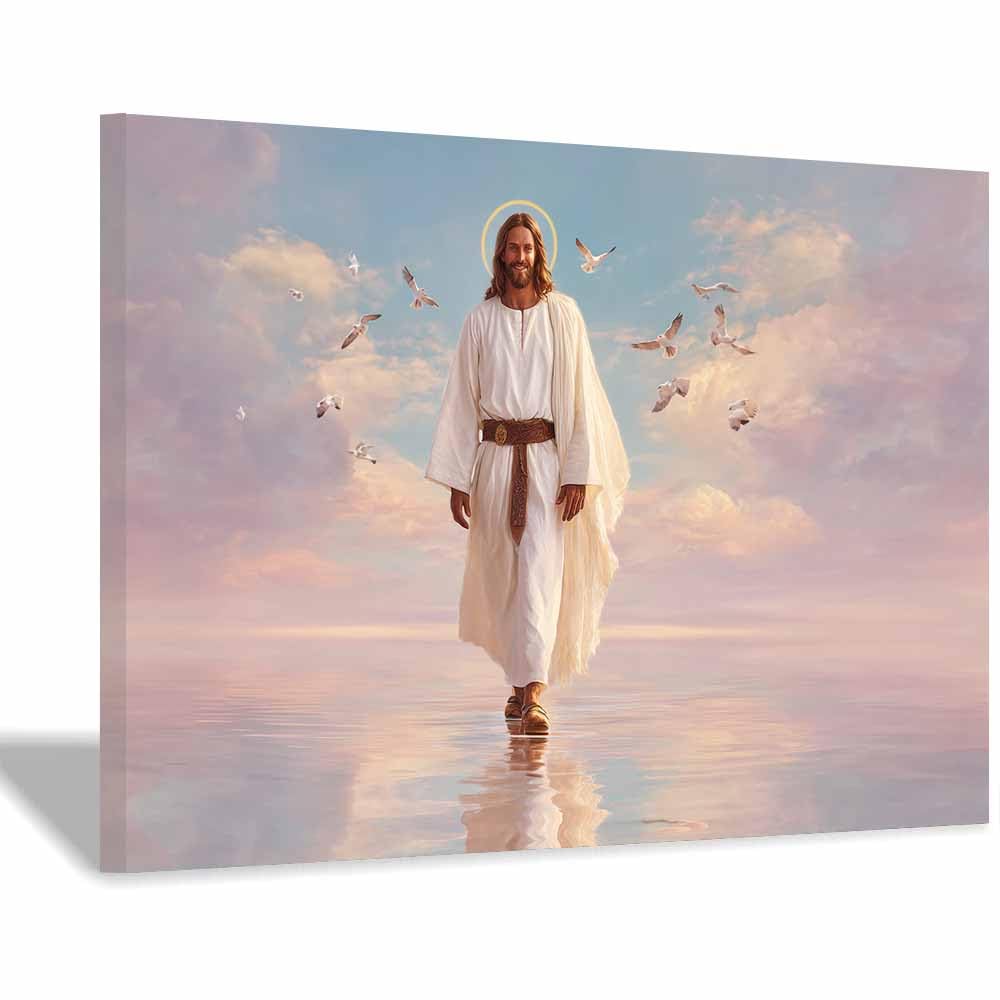 ZAMAEIU Jesus Christ Classic Painting Style Holy Companion of Doves Religious Figure Wall Art Print,Room Decor for living room, bedroom, church, hospital(white)-80x120cm Framed