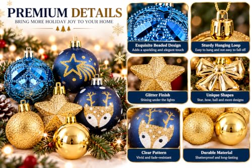 35 Piece Christmas Tree Ornaments Set Decorative Balls with Stars Bows and Reindeer Designs for Holiday Decor Navy Blue and Gold - image 4