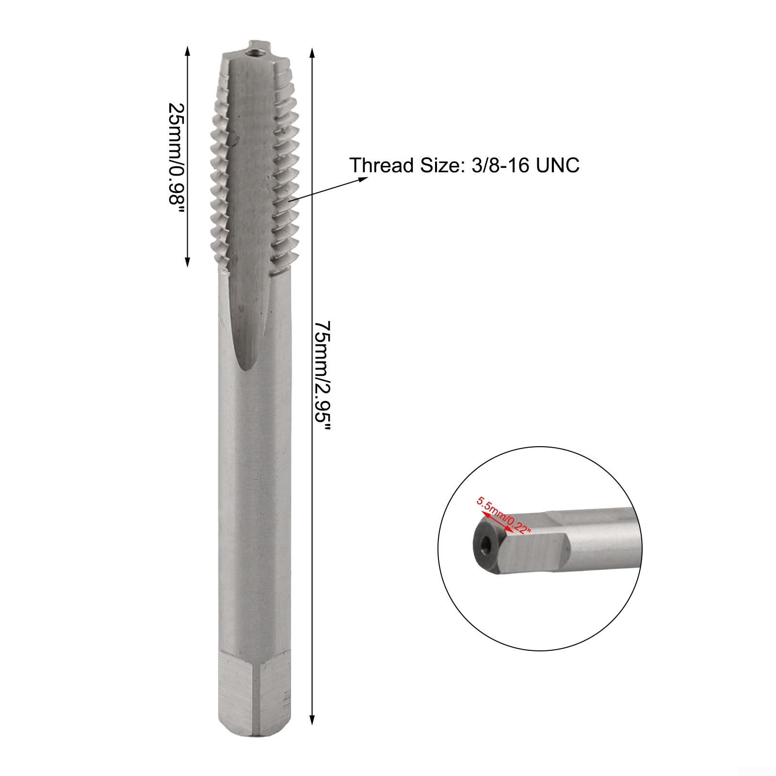 Maschio filettato a spirale 3/8-16 UNC, acciaio ad alta velocità (per HSS) non rivestito con 3 scanalature per maschiatura a foro passante in acciaio inossidabile, alluminio e lieve