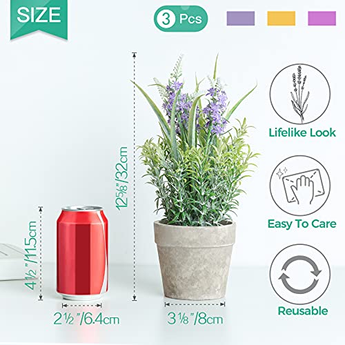 T4U Artificial Lavender Plant in Pot 3 Pack, Artificial Plants Indoor, Small Fake Plants Potted for Home Decor, Faux Lavender Flowers in Grey Pots, Green Bathroom Ornament Desk Decorations