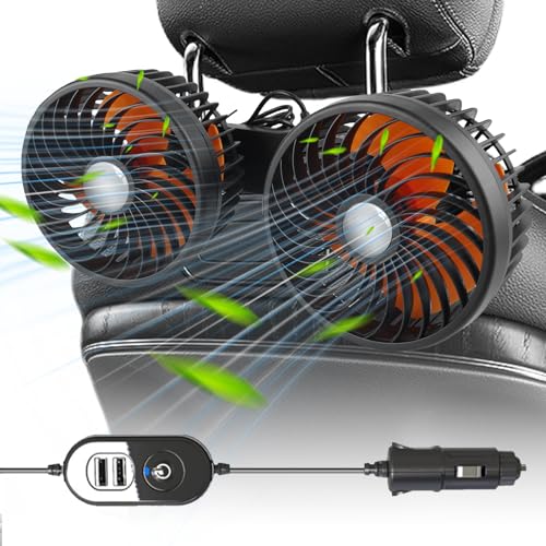 Ventilador de coche de 12 V para asiento trasero, giratorio 360 grados, 5 V, doble cabeza, ventilador de coche, mini ventilador, portátil, giratorio 360 °, para vehículos como sedán, Suv, Rv