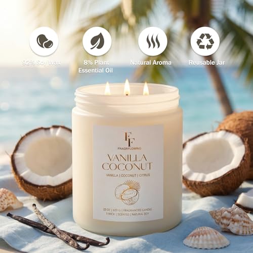 Image of Vanilla Coconut Large Scented Candle, 3-Wick 22oz Long Lasting Scented Candle, Natural Soy Wax Aromatherapy Candle for Home, Candle Gifts for Women Men