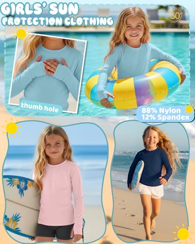 Image of 3 Pack Girls Rash Guard Swim Shirts 5-14Y UV Sun Protection Long Sleeve Thumb Hole Quick Dry T-Shirts UPF 50+ Tees