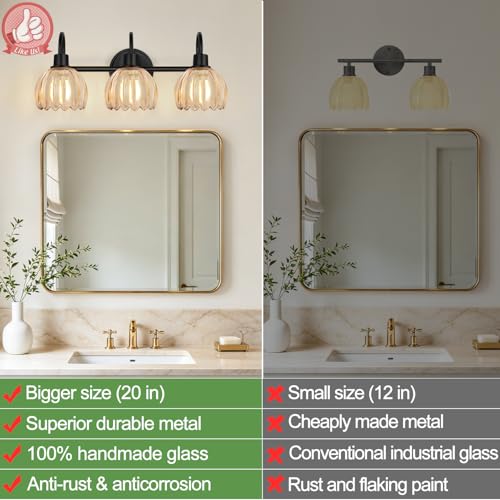 Image of Bathroom Light Fixtures, 3-Light Black Vanity Light with Ribbed Amber Tulip Glass Shades, 20-Inch Bathroom Lighting Over Mirror for Bedroom, Living Room, Hallway (Bulbs Not Included)