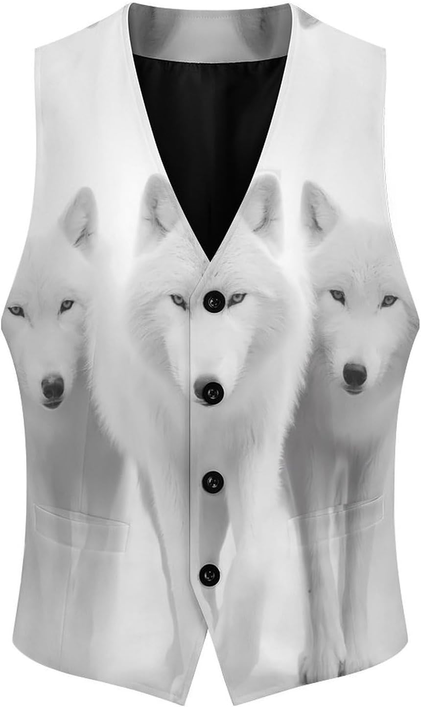 Wolf Men's Suit Vests Formal Dress V-Neck Waistcoat Slim Fit Top for Wedding Casual