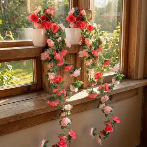 Image of Dekorly Artificial Hanging Garland with Pot - 100cm Rose Vine, 10cm Decorative Pot for Table, Shelf & Wall Decor (2)