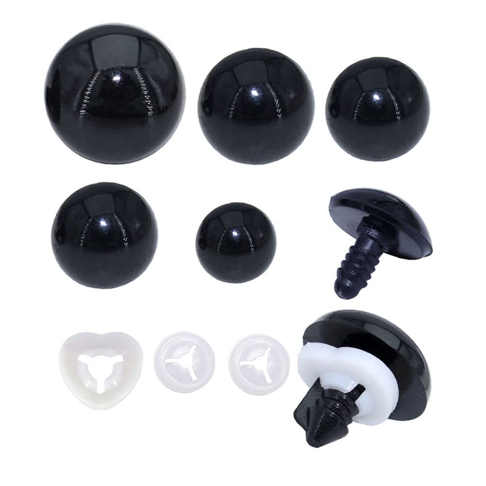 Bestartstore 1Box(54pcs)5Size,12/16/18/20/24mm Black Color Plastic Safety Eyes with Washers for DIY Amigurumi Projects, Doll, Plush Animal Making Supplies with a Storage Box