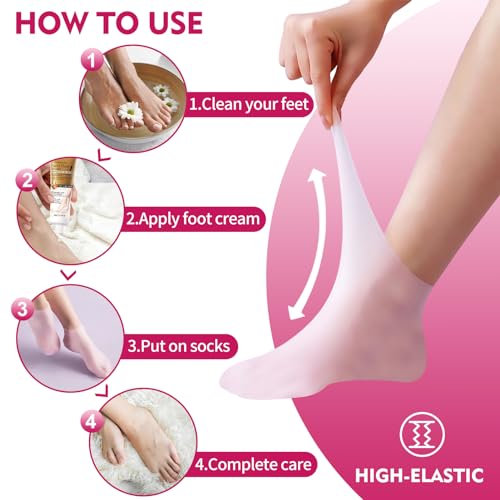 Silikon Socken für Creme,4 Stück Feuchtigkeitsspendende Socken+60g Fußcreme,Hornhaut Silikon Socken,Hornhautentferner Socken,Fußmaske Socken,Pflege für Rissige und Raue Haut,Hautfarbe+Rosa