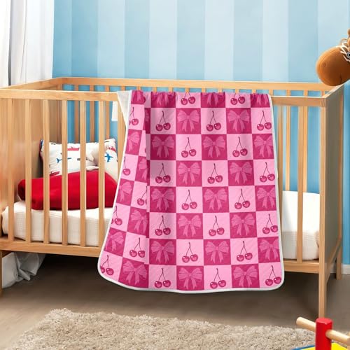 Image of Checkered Pink Cherries and Bows Baby Swaddle Blanket for Boys and Girls, Muslin Baby Receiving Swaddle Blanket, Soft Cotton Nursery Swaddling Blankets for Newborn Toddler Infant