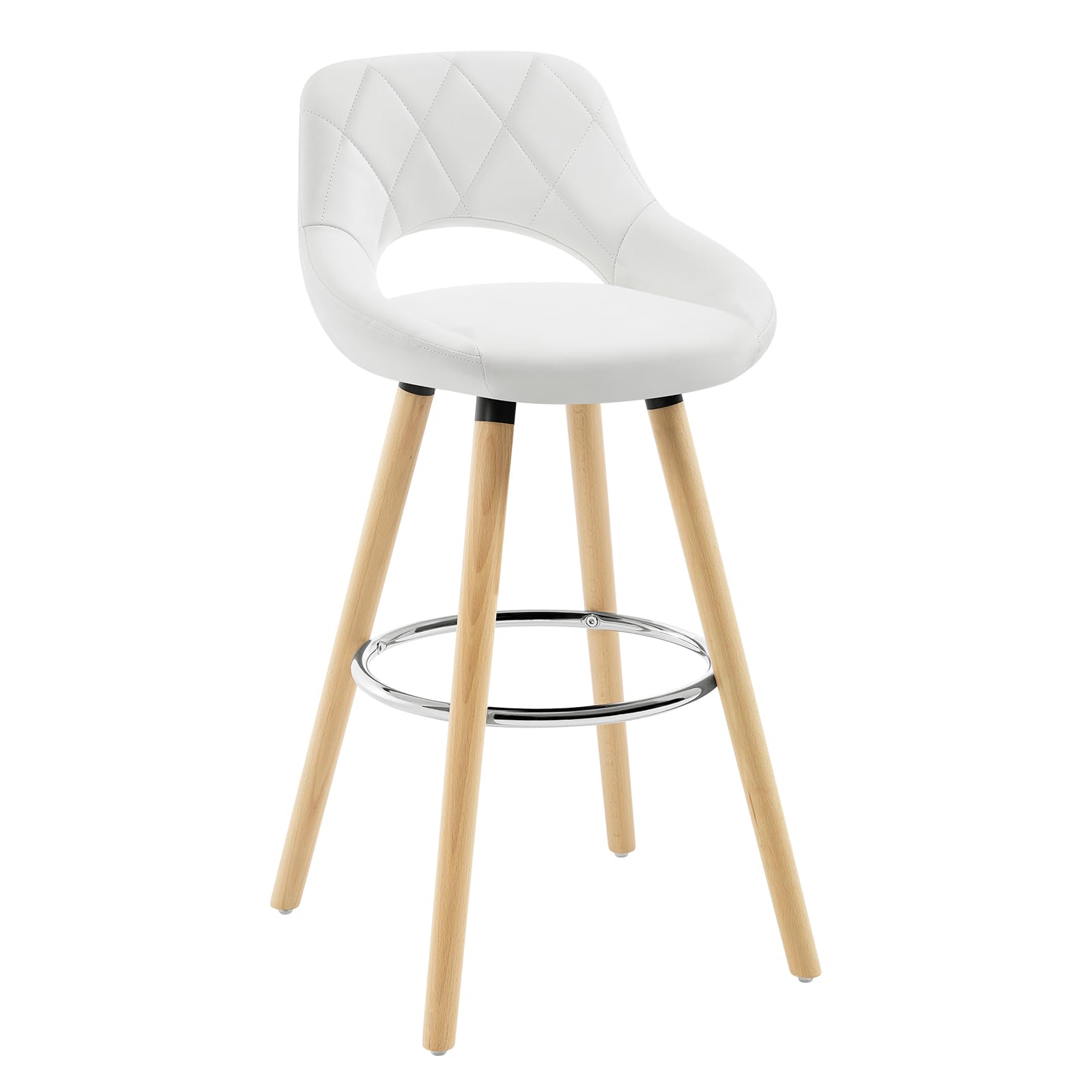 WOLTU Taburete Cocina Alto con Respaldo Ahuecado y Reposapiés, para Bistro, Cafeteria y Cocina, con Funda de Piel Sintética y Patas de Madera, Blanco