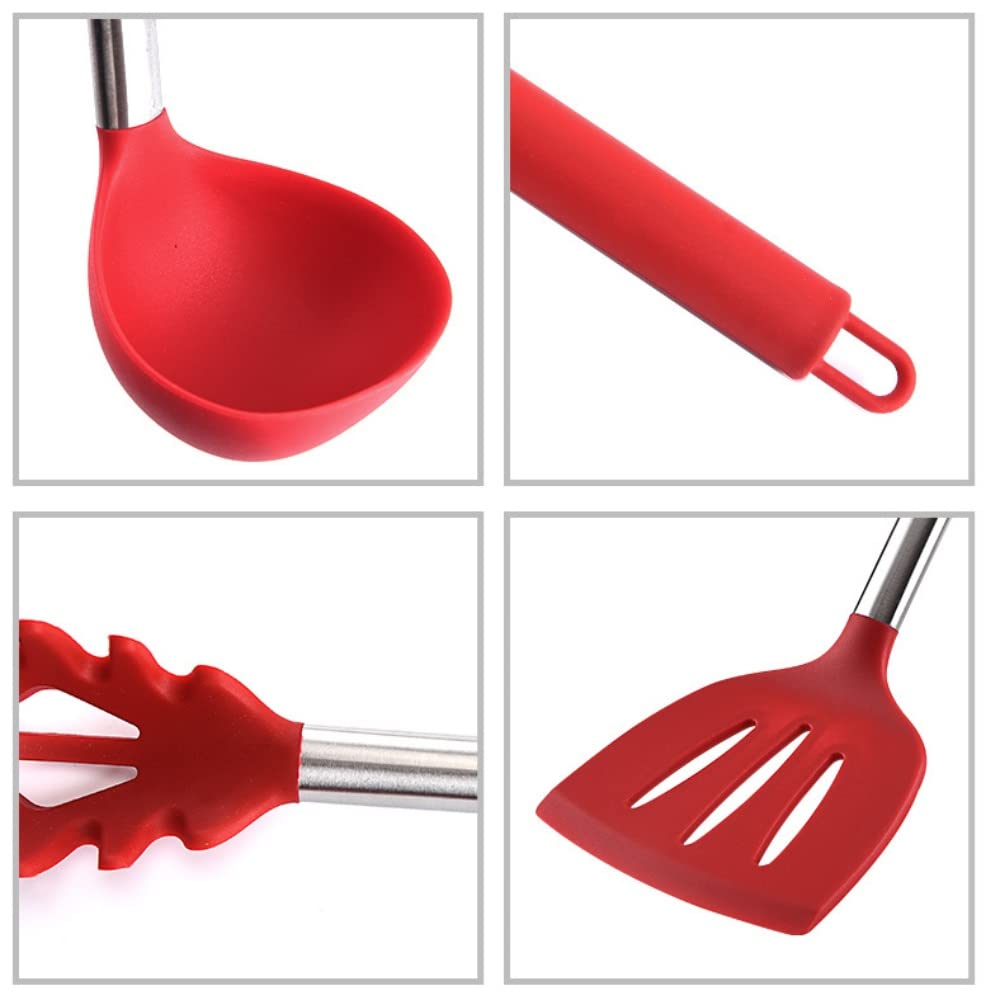 A-XINTONG 14 Pack Silicone Cooking Utensils Set Stainless Steel Handle Silica Gel Non-stick Spatula Shovel Tool Kitchenware Non-stick Pan Shovel Spoon Cooking Tools Utensils Set for Cookware, Red