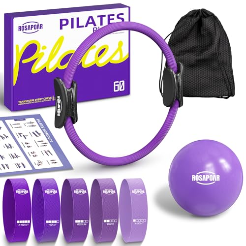 ROSAPOAR Pilates Essentials Kit for Women, Pilates Ring Set - 14" Magic Circle with Yoga Ball & Resistance Bands – Pilates Kit for Home Workouts, Toning & Core Sculpting Pilates Equipment - Purple