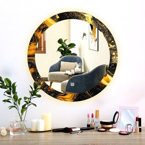 Image of NEVEX Glass Round 24x24 Inch Decorative Art Unique UV Printed Smart LED Mirror with 3 Color Lights (Warm White, Cool White & Natural White) | Fancy Wash Basin Wall Mirror for Modern Home Decor