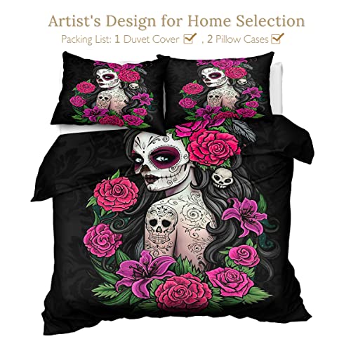Sleepwish Sugar Skull Girl Comforter Cover Day Of The Dead Black Bedding Sets Skull Tattooed Woman Duvet Cover Set Gothic Skeleton Pink Roses Bedspreads 3 Pieces Queen Size #TOP1