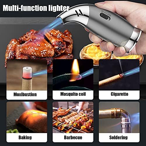 Miniatura 8 de Antorcha de butano, linterna de triple chorro a prueba de viento, recargable, de butano, con cerradura de seguridad para barbacoa, hornear, Brulee,