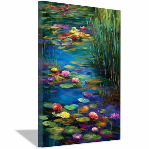 Peinture colorée de nénuphars sur toile pour habiller un mur vide de chambre
