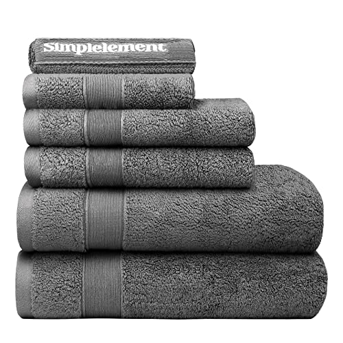 Simplelement 6-PCS Towel Set 100% Combed Cotton,Super-Plush, Soft, Absorbent , Luxury, Spa Quality Bath Towel Set, 2 Bath Towels, 2 Hand Towels, 2 Washcloths (Grey)