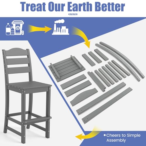 Image of Tangkula Patio HDPE Barstool, Outdoor High Top Bar Chair w /Backrest & Footrest, All-Weather Wood-Plastic Bar Height Chair for Poolside, Backyard, Porch (2, Grey)