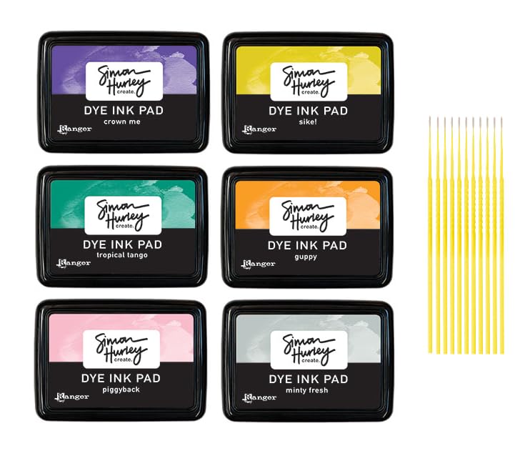 Ranger Simon Hurley Bundle - 6 Dye Ink Pad Collection (Minty Fresh, Piggyback, Guppy, Crown Me, Tropical Tango, Sike!) with PTP Flash Deals Blending Sticks