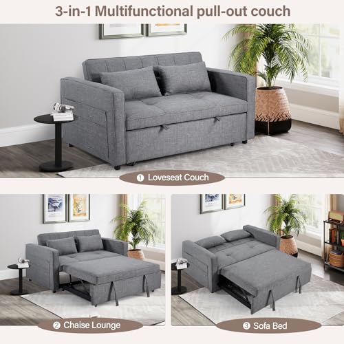 Image of HAOMARKETS 3 in 1 Convertible Sleeper Sofa Bed, Loveseat Chaise Lounge with Pullout Bed, 2-Seater Futon Couches with Storage Pockets, 3-Level Adjustable Backrest and Pillows for Living Room, Dark Grey