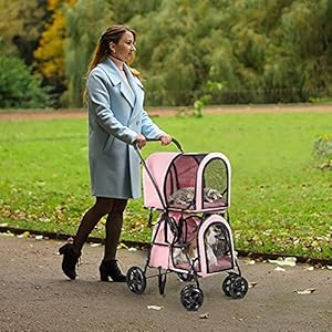 Double Pet Stroller 3 in 1 Folding Dog Strollers and Carriers Small Pet Strollers for 2 Dogs and Cats Clearance Travel Carrier Cart for Kitten Puppy,Pink