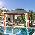 MELLCOM Gazebo 12' x 14', Wooden Grain Aluminum Frame Canopy with Galvanized Steel Hardtop Roof, Outdoor Permanent Pavilion with Curtains and Nettings for Patio, Lawn & Garden