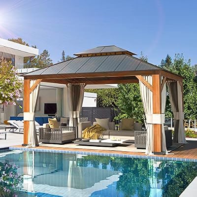 MELLCOM Gazebo 12' x 14', Wooden Grain Aluminum Frame Canopy with Galvanized Steel Hardtop Roof, Outdoor Permanent Pavilion with Curtains and Nettings for Patio, Lawn & Garden