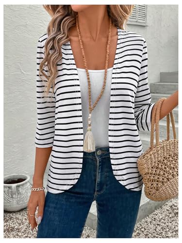Verdusa Women's Striped Open Front Jacket Business Casual 3/4 Sleeve Outerwear 5