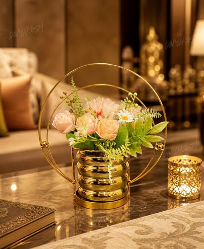 Image of Divyakosh Artificial Flower Vase, Metal Golden Ring with Pre Fixed Flowers, Gift Item, Showpiece | Home Decoration Items for Living Room | Aesthetic Home Decor, Vase for Home Decor'