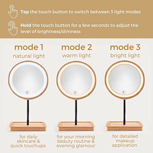 Kimikata Led Lighted Makeup Mirror Vanity Light Up Mirror With 3 Lights, Cordless Usb Rechargeable Battery, Rotation, Small Bamboo Wood Beauty Storage Organizer, Tabletop Stand, Circular Light Ring #TOP1