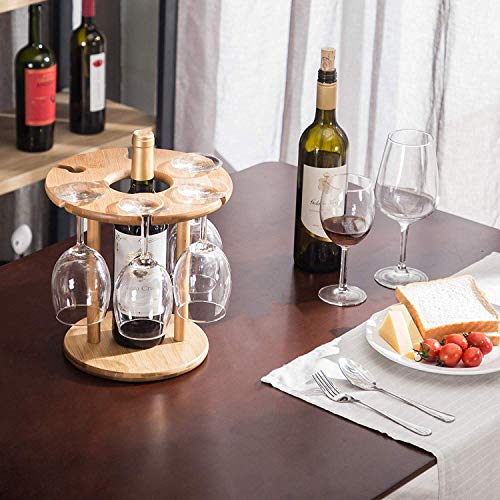 حامل زجاجات نبيذ مصنوع يدويا من الخيزران مع 6 رفوف زجاجية وحامل زجاجة واحد