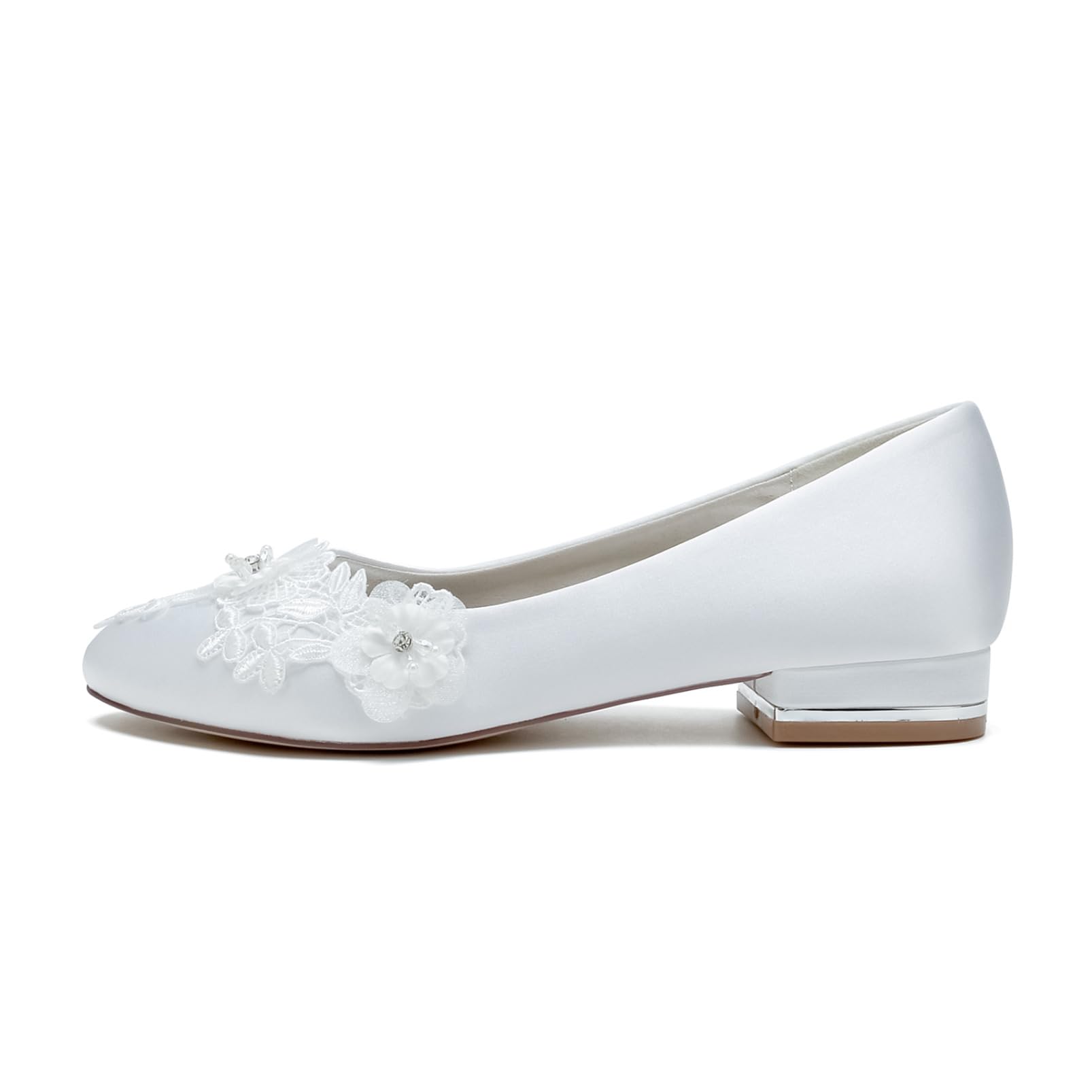 Femmes Fermées Bout Rond Chaussures De Mariée Satin Talons Bas Bloc Ballet Plat Strass Soirée Party Robe Chaussures Glisser sur Mariages Sandales