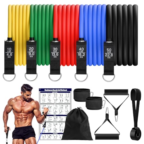 Fokky Kit Elastique Musculation avec 5 Niveaux Bande Élastique Musculation,Elastique Sport avec Grandes Poignées, Sangles de Cheville, Idéales pour Le Yoga, Le Pilates