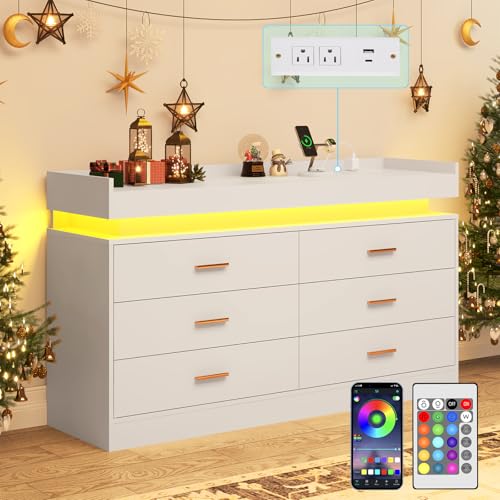 Image of jiteentarou 6 Drawer Dresser with Charging Station and LED Lights, Modern Chest of Drawers with Power Outlet, Organizer Cabinet for Bedroom, Living Room, White