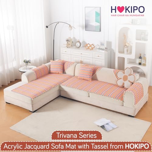 Image of HOKIPO L Shape (3+3 Seater) Sofa Cover Seat Mat | 300 GSM Cotton Acrylic Jacquard Fabric with Tassel, 'Trivana Series' Coral Orange (IN-936-J2*2)